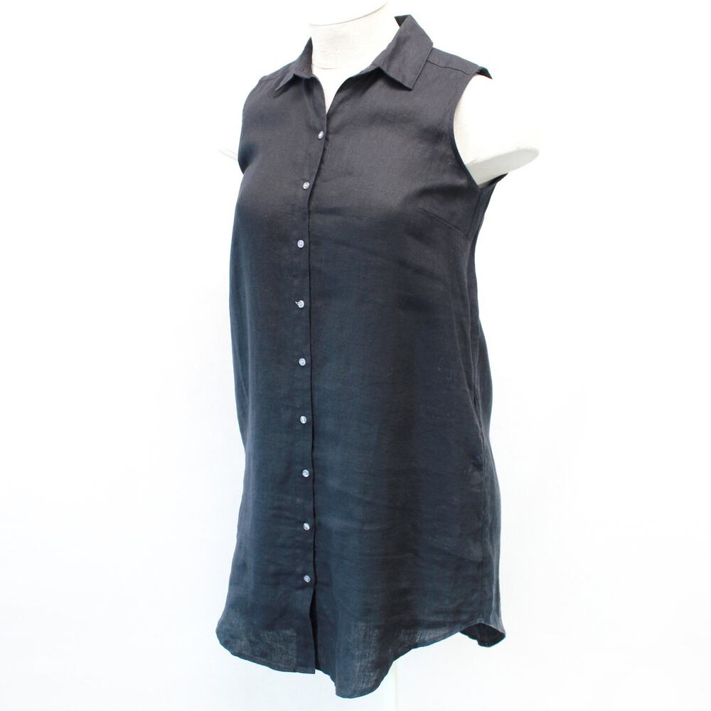 Saks Fifth Avenue Black Linen Button Down collared shirt dress pockets Large